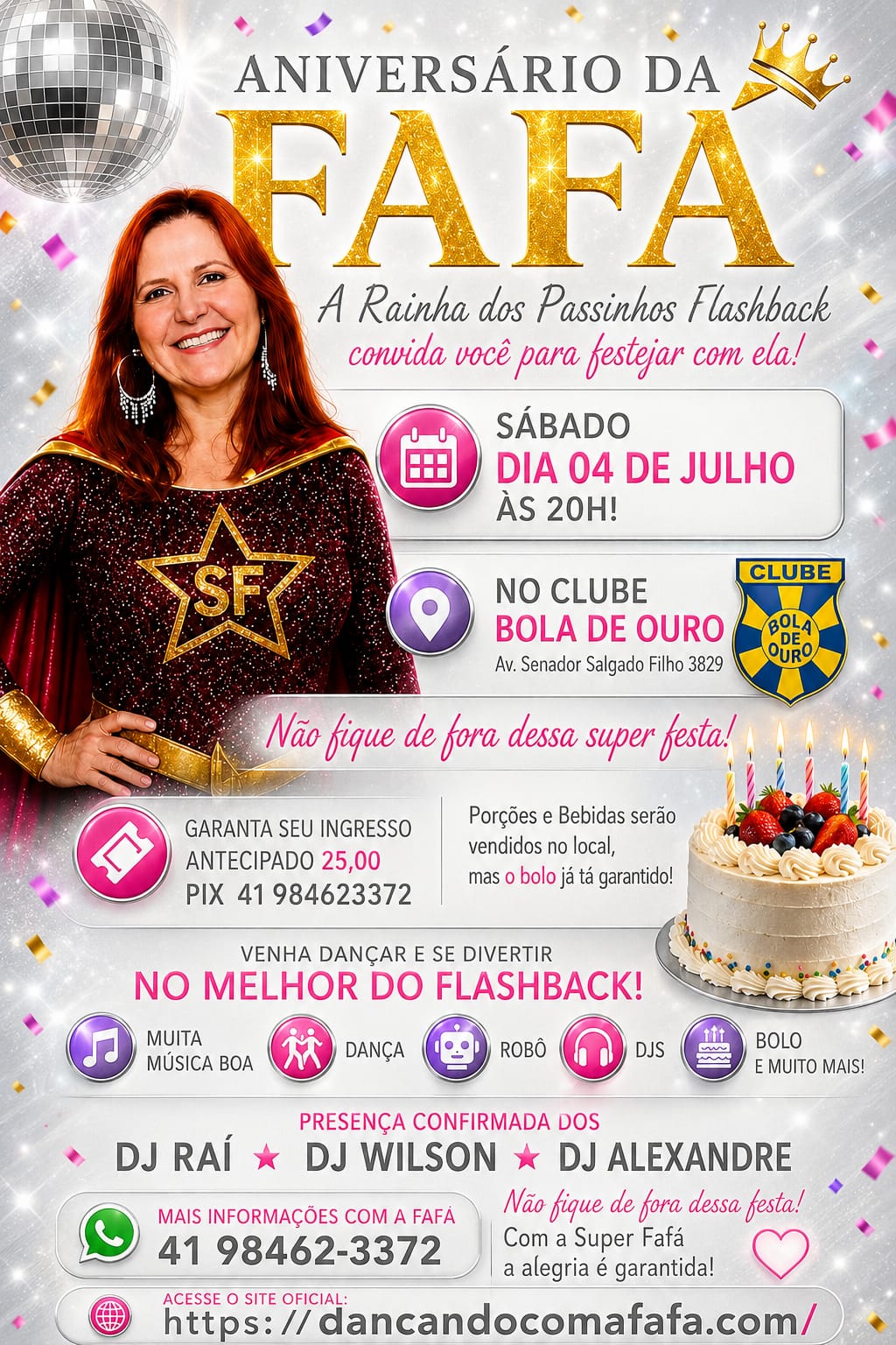 Cartaz rosa do Aniversário da Fafá - 04 de julho