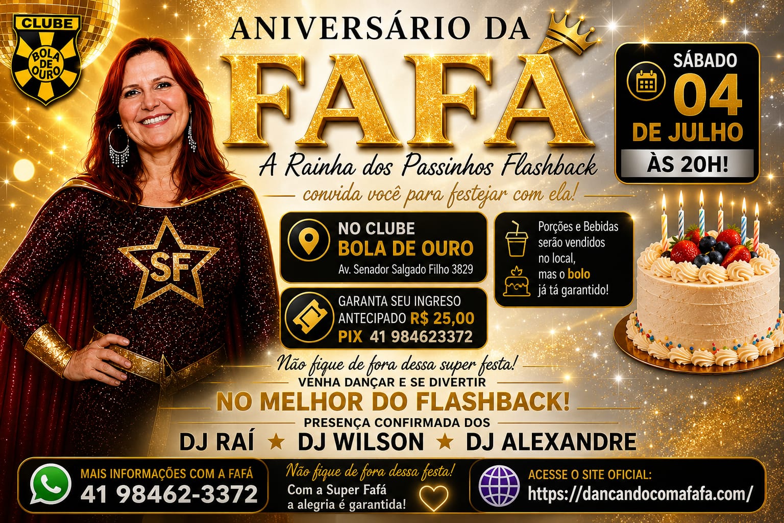 Cartaz dourado do Aniversário da Fafá no Clube Bola de Ouro